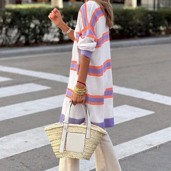 Ivory Lavender Striped Long Sleeve Ribbed Trim Button Cardigan Pastel Sweater - Picture 10 of 11